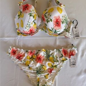 Tropical Flower & Lemon Bikini Set with Coral and Yellow Accents